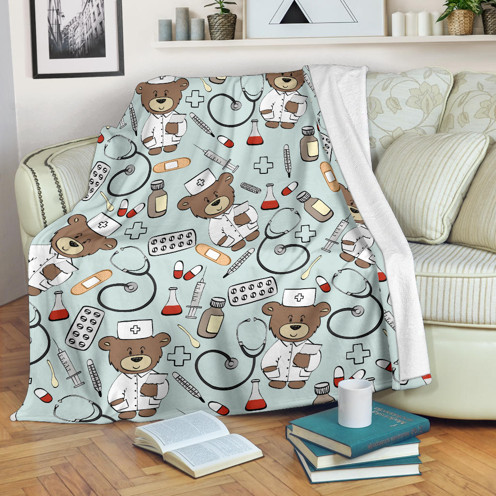 Nurse Bear Pattern Print Design A01 Premium Blanket