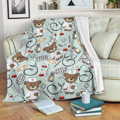 Nurse Bear Pattern Print Design A01 Premium Blanket
