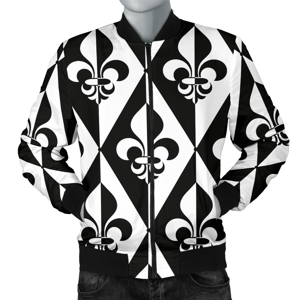 Fleur De Lis Black White Pattern Print Design 02 Men Bomber Jacket