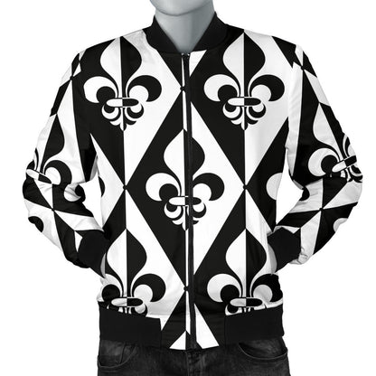 Fleur De Lis Black White Pattern Print Design 02 Men Bomber Jacket
