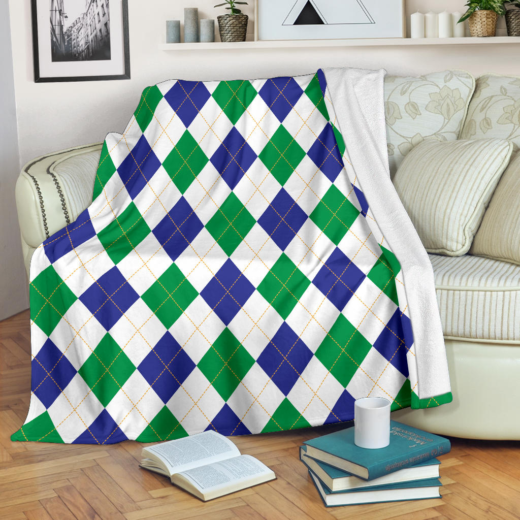 Argyle Green Blue Pattern Print Design 03 Premium Blanket