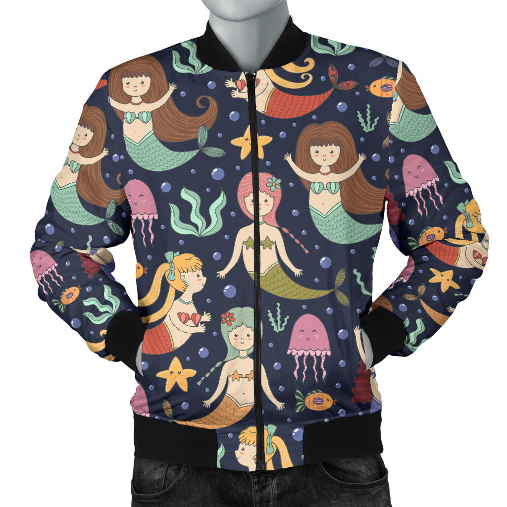 Mermaid Cartoon Pattern Print Design 03 Men Bomber Jacket