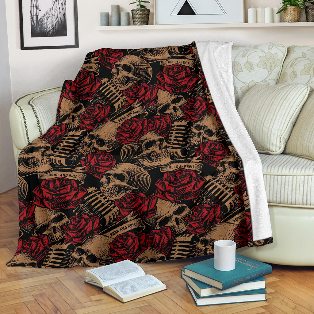 Microphone Skull Rose Pattern Print Design 02 Premium Blanket