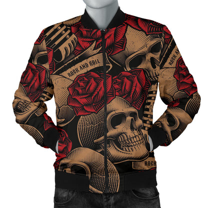 Microphone Skull Rose Pattern Print Design 02 Men Bomber Jacket