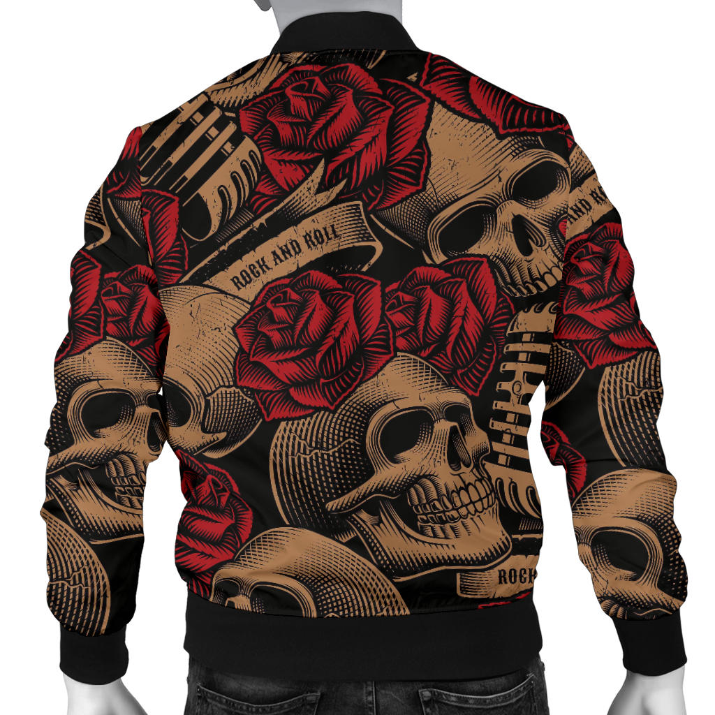 Microphone Skull Rose Pattern Print Design 02 Men Bomber Jacket