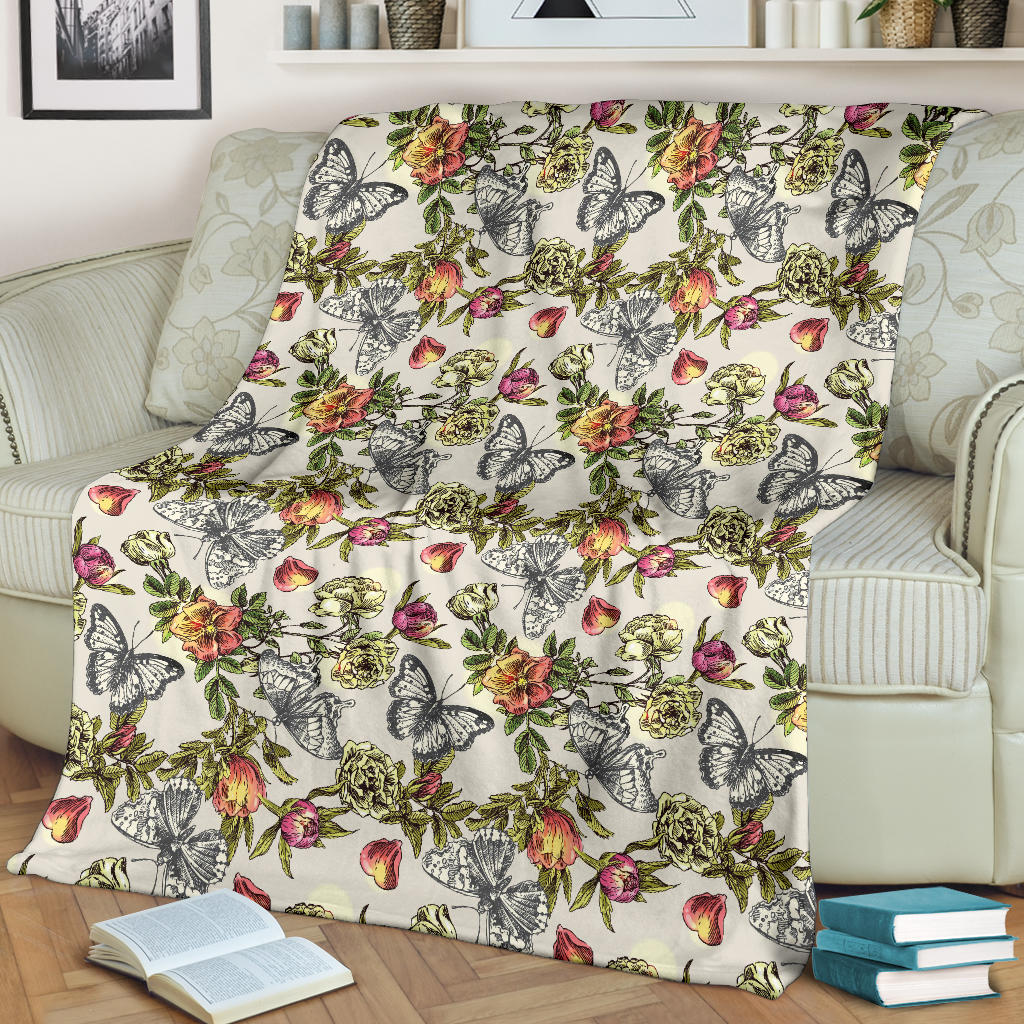 Butterfly Flower Pattern Print Design 06 Premium Blanket