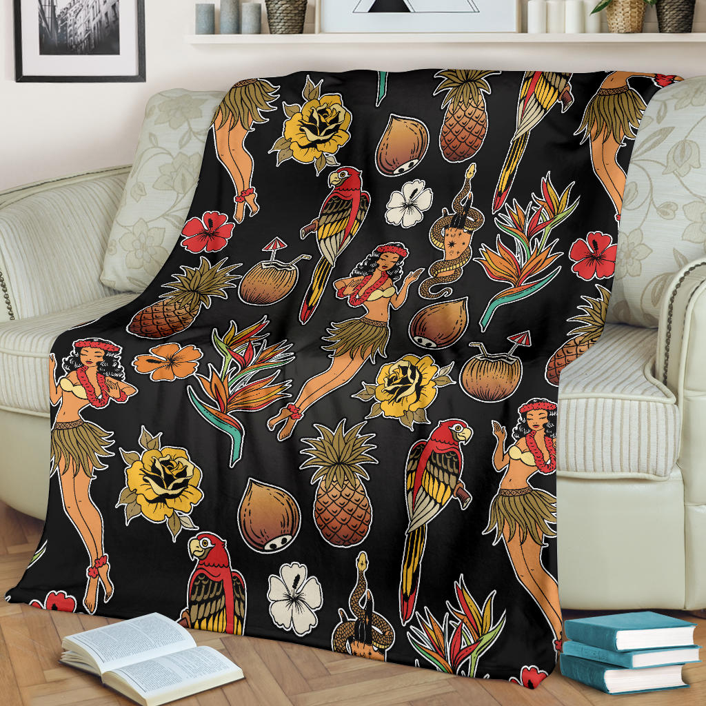 Hula Dancers Hawaiian Style Pattern Print Design 02 Premium Blanket