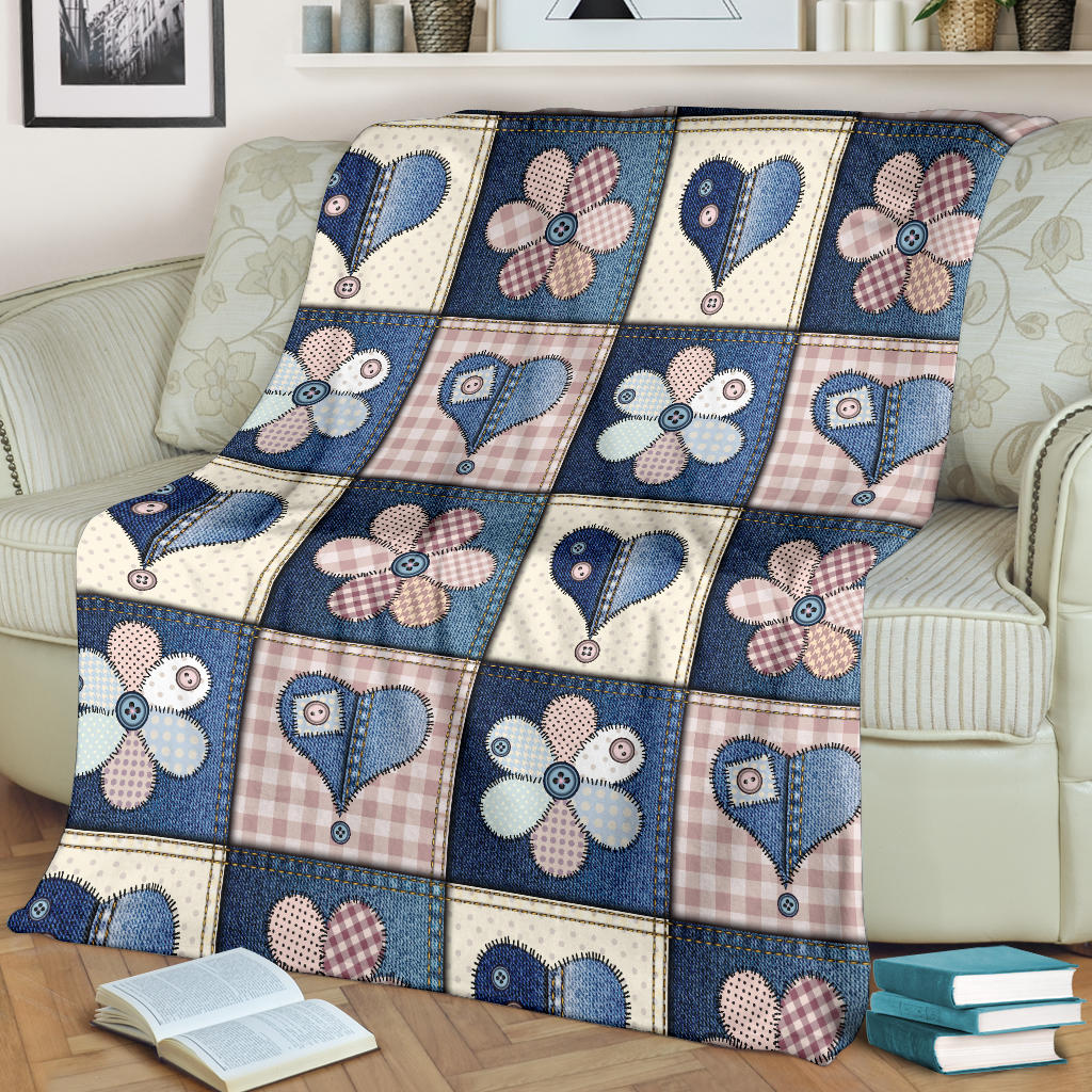 Patchwork Heart Flower Pattern Print Design 01 Premium Blanket