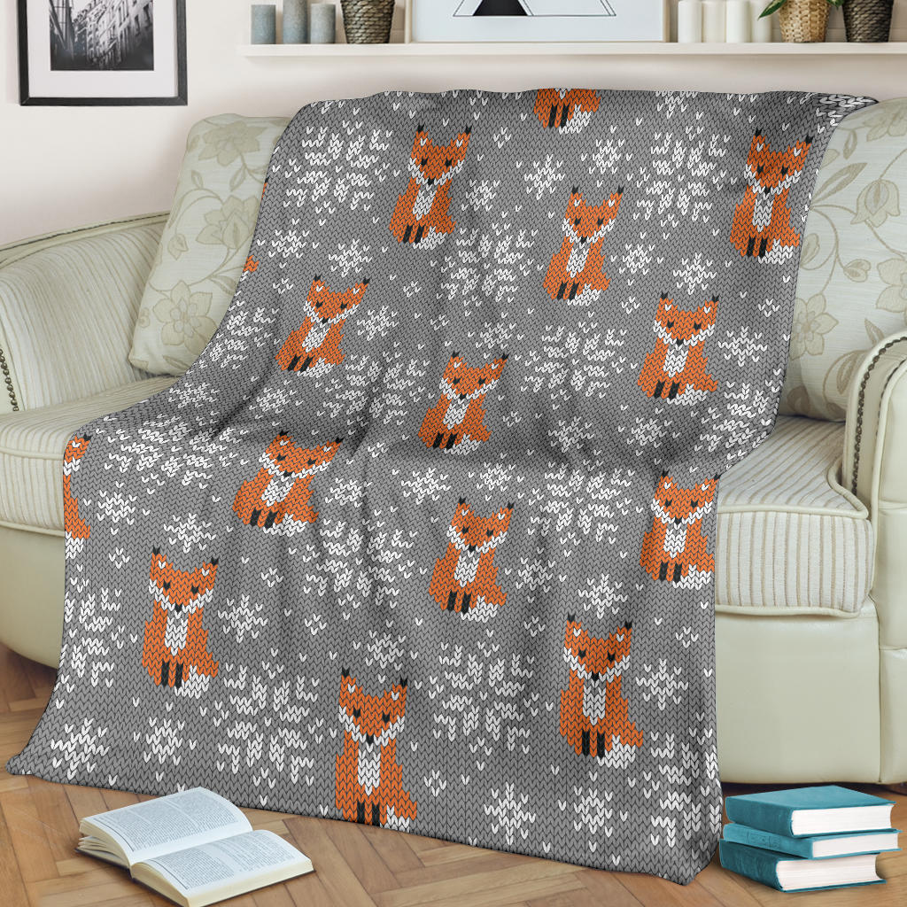 Knit Red Fox Pattern Print Design 02 Premium Blanket