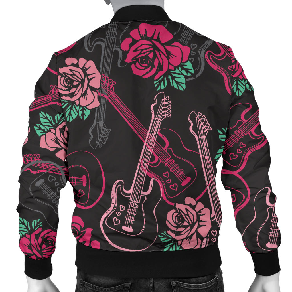 Bass Guitar Pink Rose Pattern Print Design 01 Men Bomber Jacket