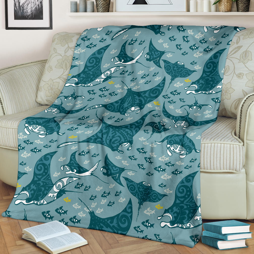 Manta Ray Tribal Pattern Print Design 03 Premium Blanket