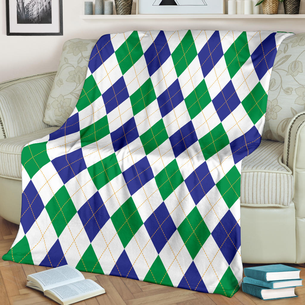 Argyle Green Blue Pattern Print Design 03 Premium Blanket