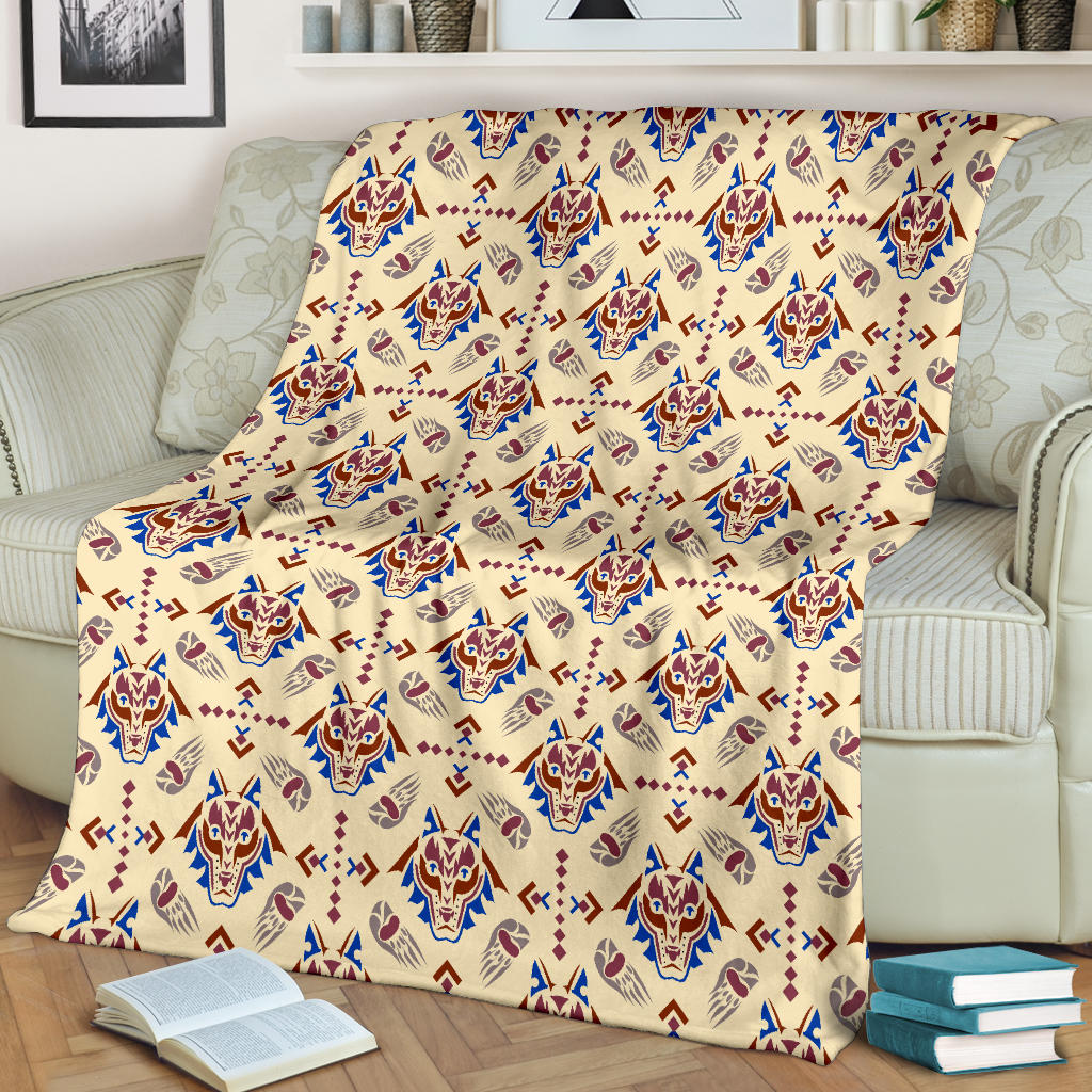 Aztec Wolf Pattern Print Design 03 Premium Blanket