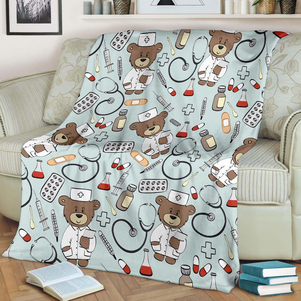 Nurse Bear Pattern Print Design A01 Premium Blanket