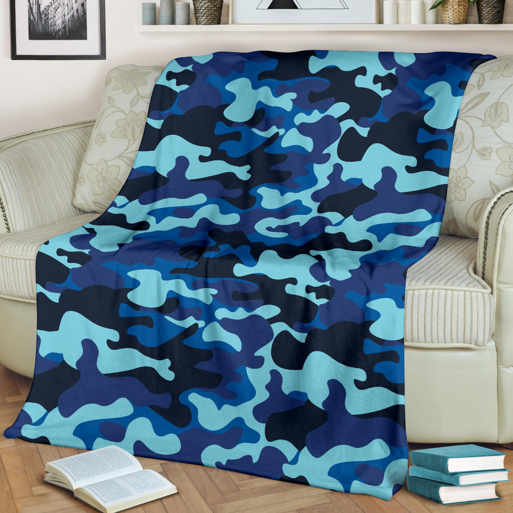 Camo Blue Pattern Print Design 04 Premium Blanket