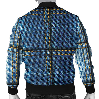 Jean Patchwork Pattern Print Design 02 Men Bomber Jacket