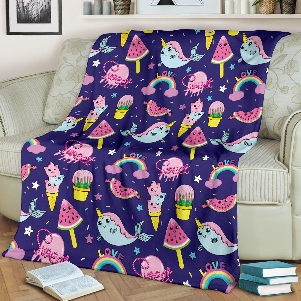 Narwhal Cute Pattern Print Design 02 Premium Blanket
