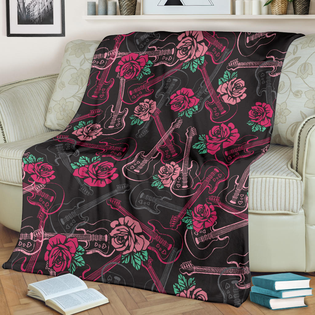 Bass Guitar Pink Rose Pattern Print Design 01 Premium Blanket