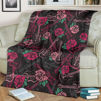 Bass Guitar Pink Rose Pattern Print Design 01 Premium Blanket