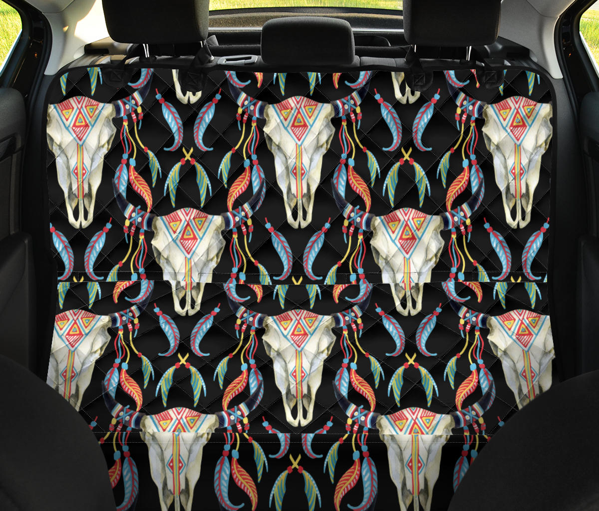 Buffalo Head Boho Style Pattern Print Design 01 Rear Dog Car Seat Cover Hammock