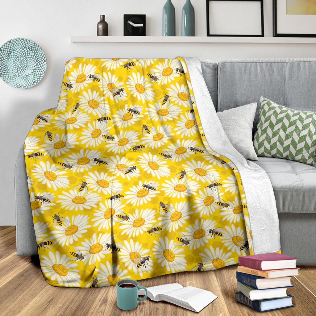 Bee Daisy Pattern Print Design 06 Premium Blanket