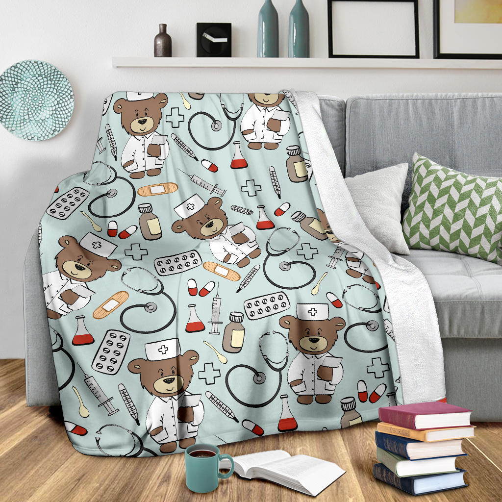 Nurse Bear Pattern Print Design A01 Premium Blanket