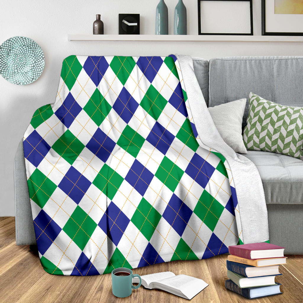 Argyle Green Blue Pattern Print Design 03 Premium Blanket