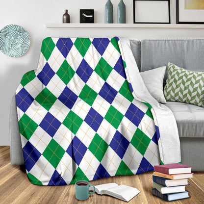 Argyle Green Blue Pattern Print Design 03 Premium Blanket