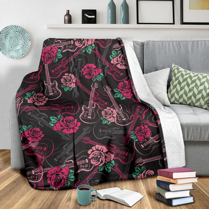 Bass Guitar Pink Rose Pattern Print Design 01 Premium Blanket