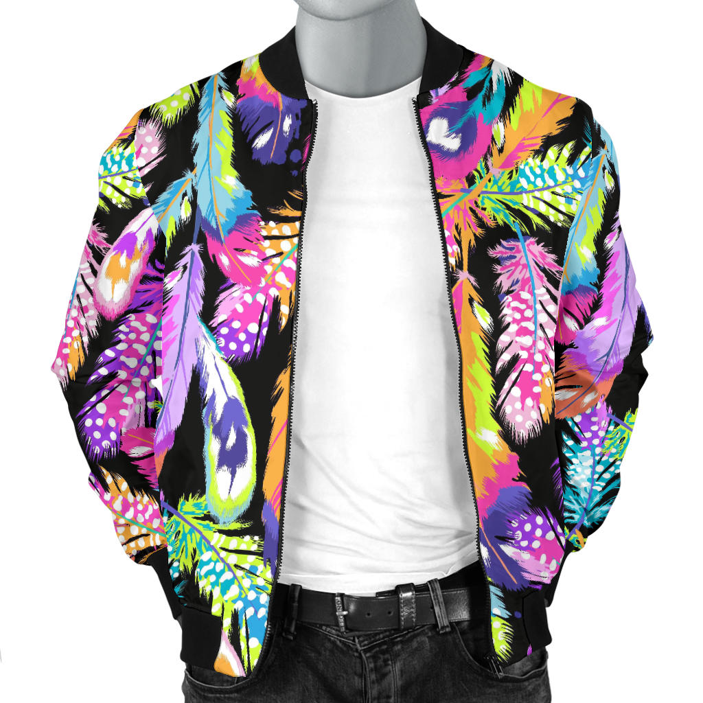 Neon Feather Pattern Print Design A02 Men Bomber Jacket