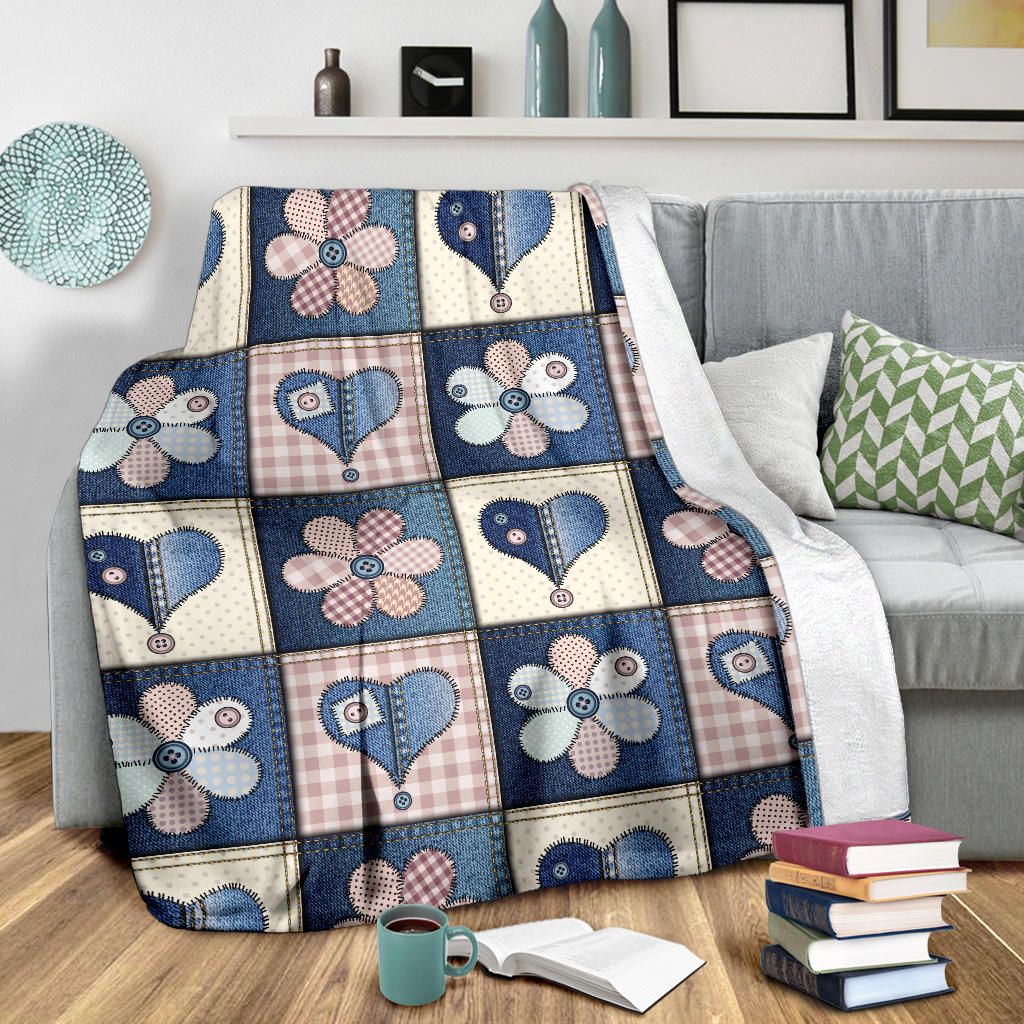 Patchwork Heart Flower Pattern Print Design 01 Premium Blanket