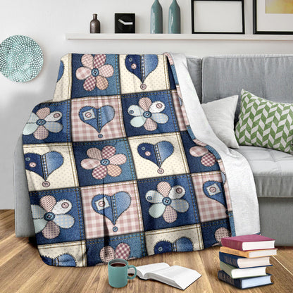 Patchwork Heart Flower Pattern Print Design 01 Premium Blanket