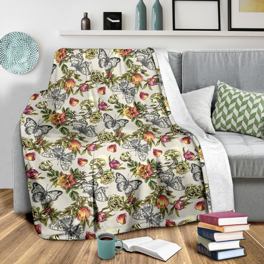 Butterfly Flower Pattern Print Design 06 Premium Blanket