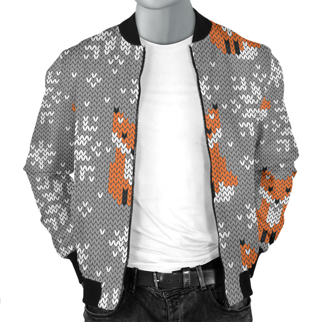 Knit Red Fox Pattern Print Design 02 Men Bomber Jacket