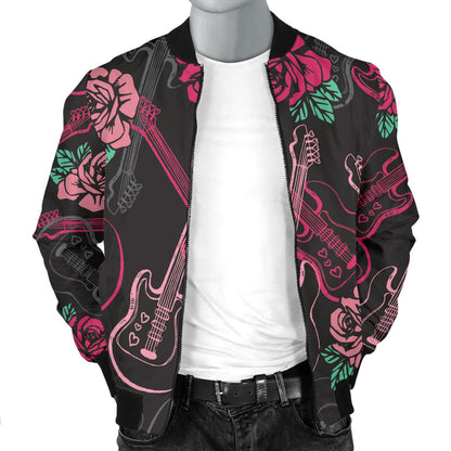 Bass Guitar Pink Rose Pattern Print Design 01 Men Bomber Jacket