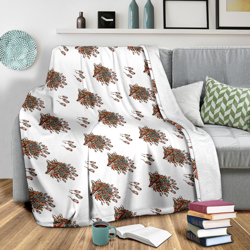 Aztec Wolf Pattern Print Design 02 Premium Blanket