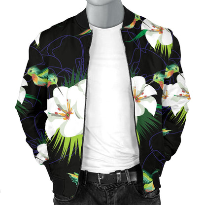 Hummingbird with Flower Pattern Print Design 03 Men Bomber Jacket