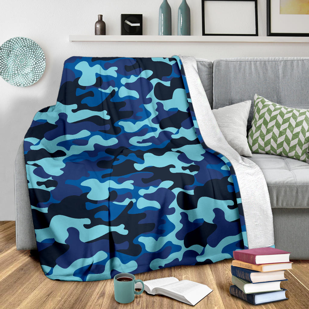 Camo Blue Pattern Print Design 04 Premium Blanket