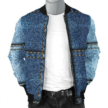 Jean Patchwork Pattern Print Design 02 Men Bomber Jacket