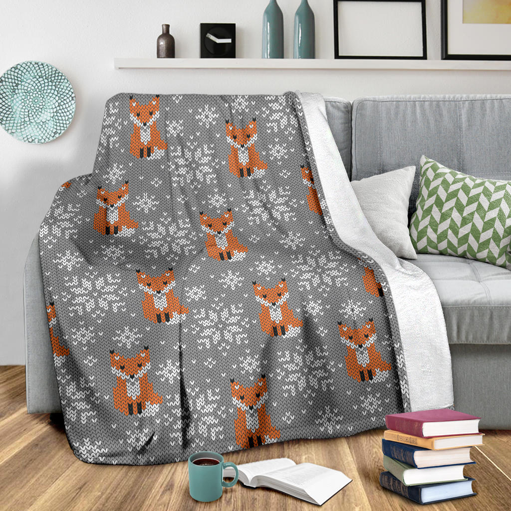 Knit Red Fox Pattern Print Design 02 Premium Blanket