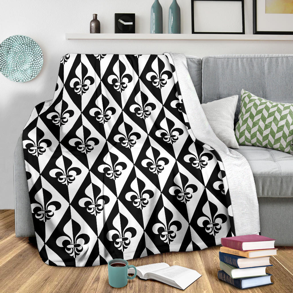 Fleur De Lis Black White Pattern Print Design 02 Premium Blanket