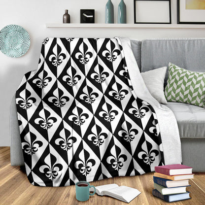 Fleur De Lis Black White Pattern Print Design 02 Premium Blanket