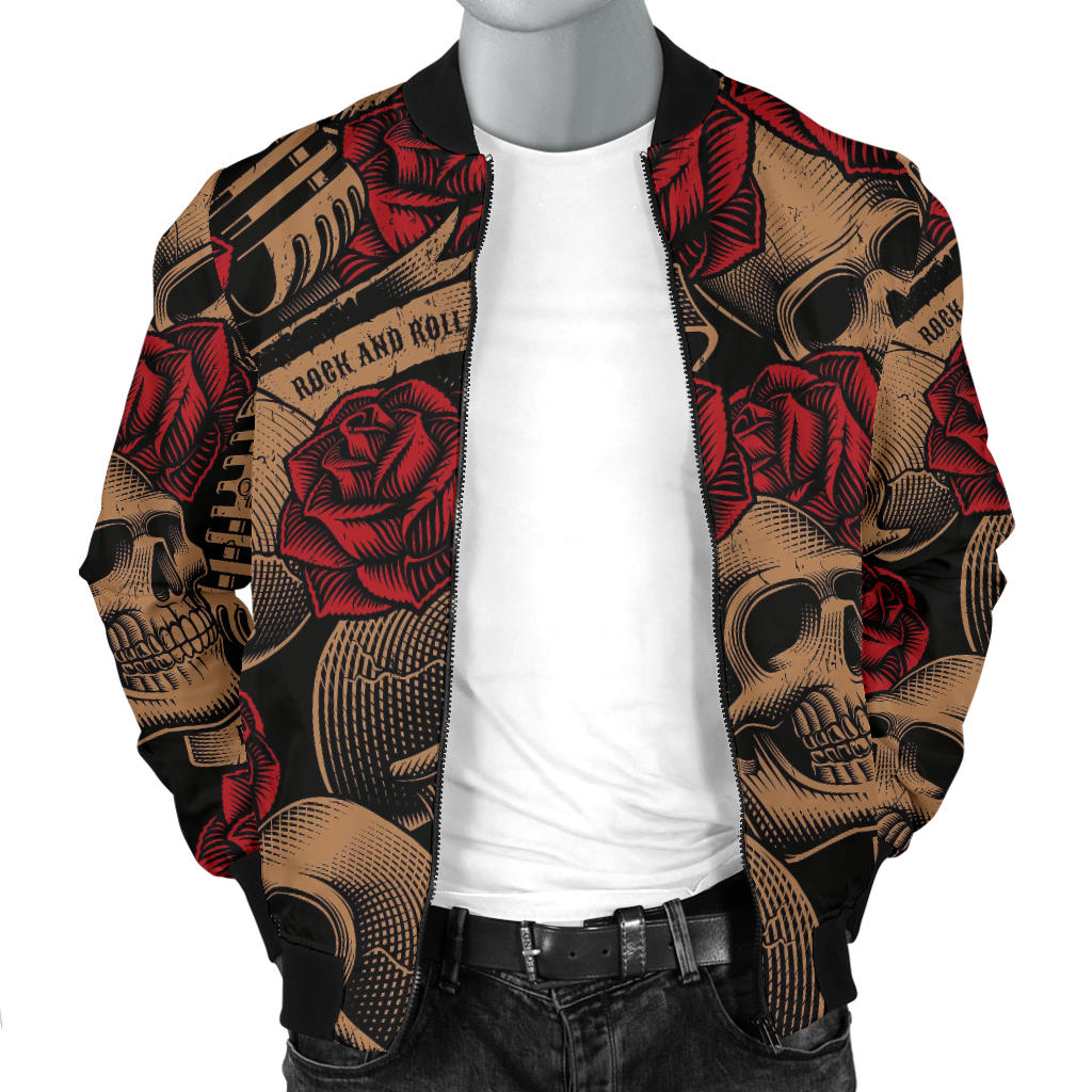 Microphone Skull Rose Pattern Print Design 02 Men Bomber Jacket