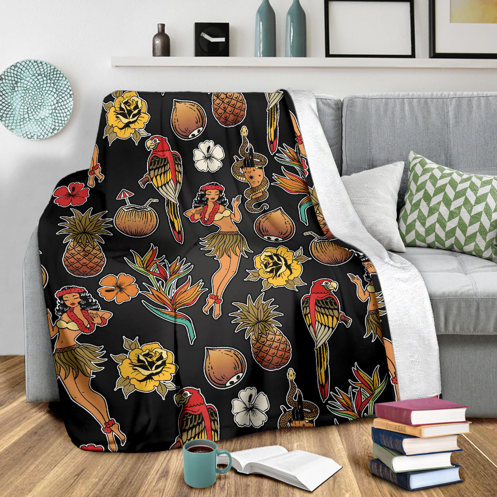 Hula Dancers Hawaiian Style Pattern Print Design 02 Premium Blanket