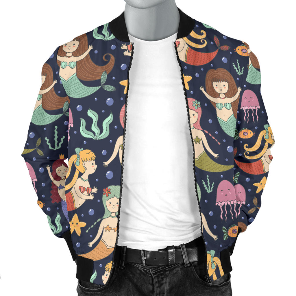 Mermaid Cartoon Pattern Print Design 03 Men Bomber Jacket