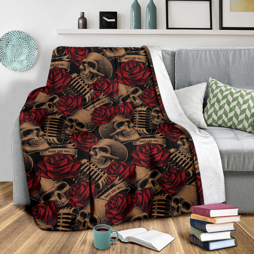 Microphone Skull Rose Pattern Print Design 02 Premium Blanket