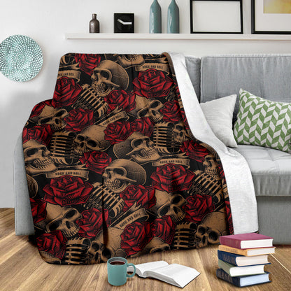 Microphone Skull Rose Pattern Print Design 02 Premium Blanket