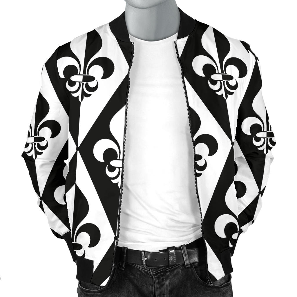Fleur De Lis Black White Pattern Print Design 02 Men Bomber Jacket