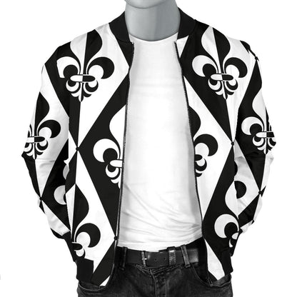 Fleur De Lis Black White Pattern Print Design 02 Men Bomber Jacket