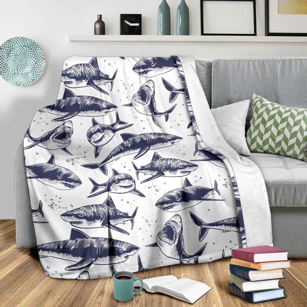Great White Shark Pattern Print Design 02 Premium Blanket